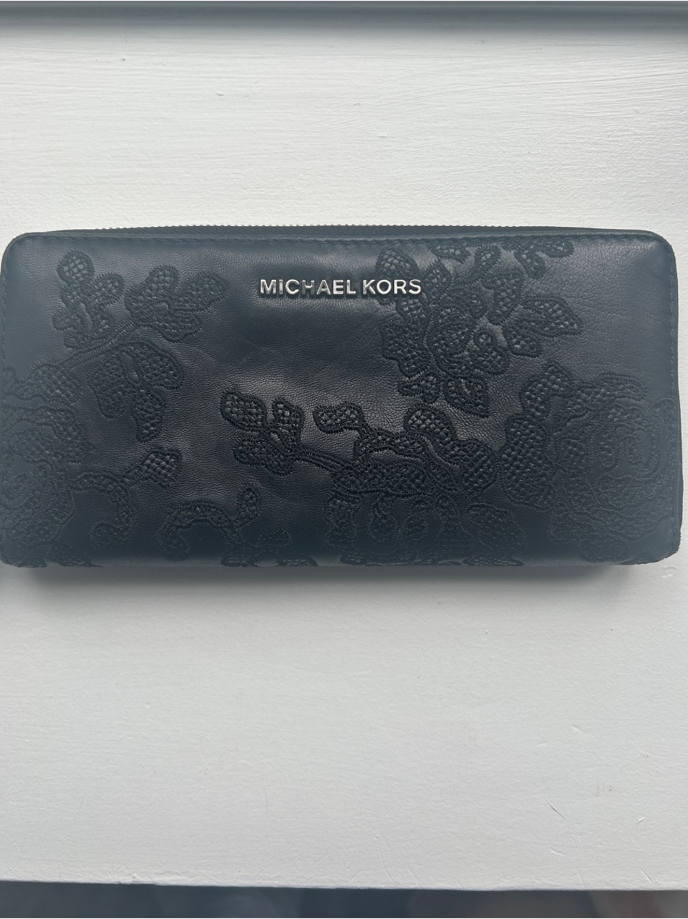 Michael Kors Black Embroidered Leather Zip Wallet